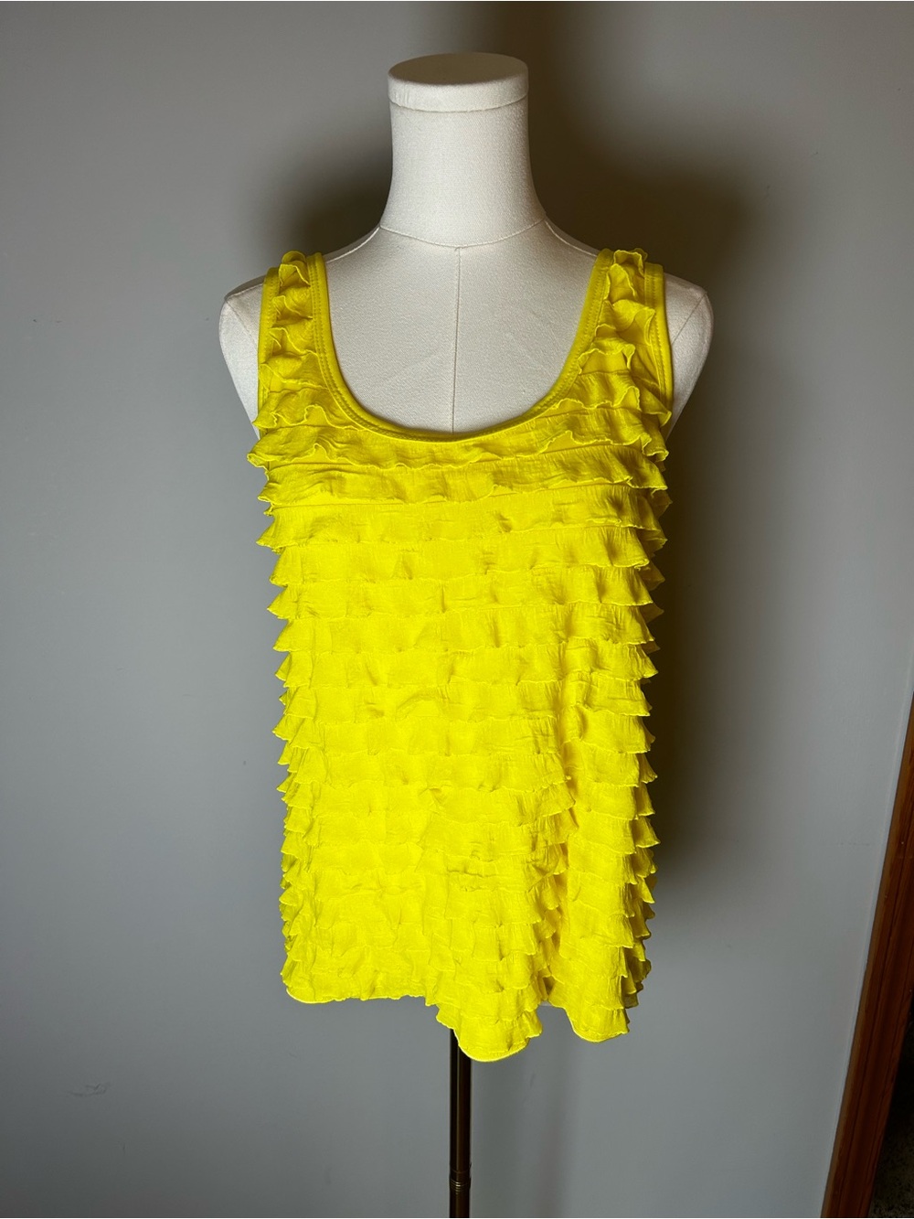 Slinky Brand Bright Yellow Ruffle Tank Top Size M Made in USA